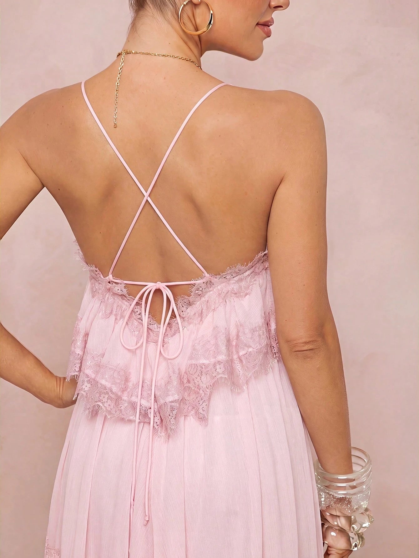 Lumalex Spring/Summer New Chiffon Ruched Contrast Lace Adjustable Strap Backless Dress