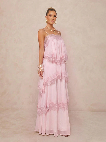 Lumalex Spring/Summer New Chiffon Ruched Contrast Lace Adjustable Strap Backless Dress