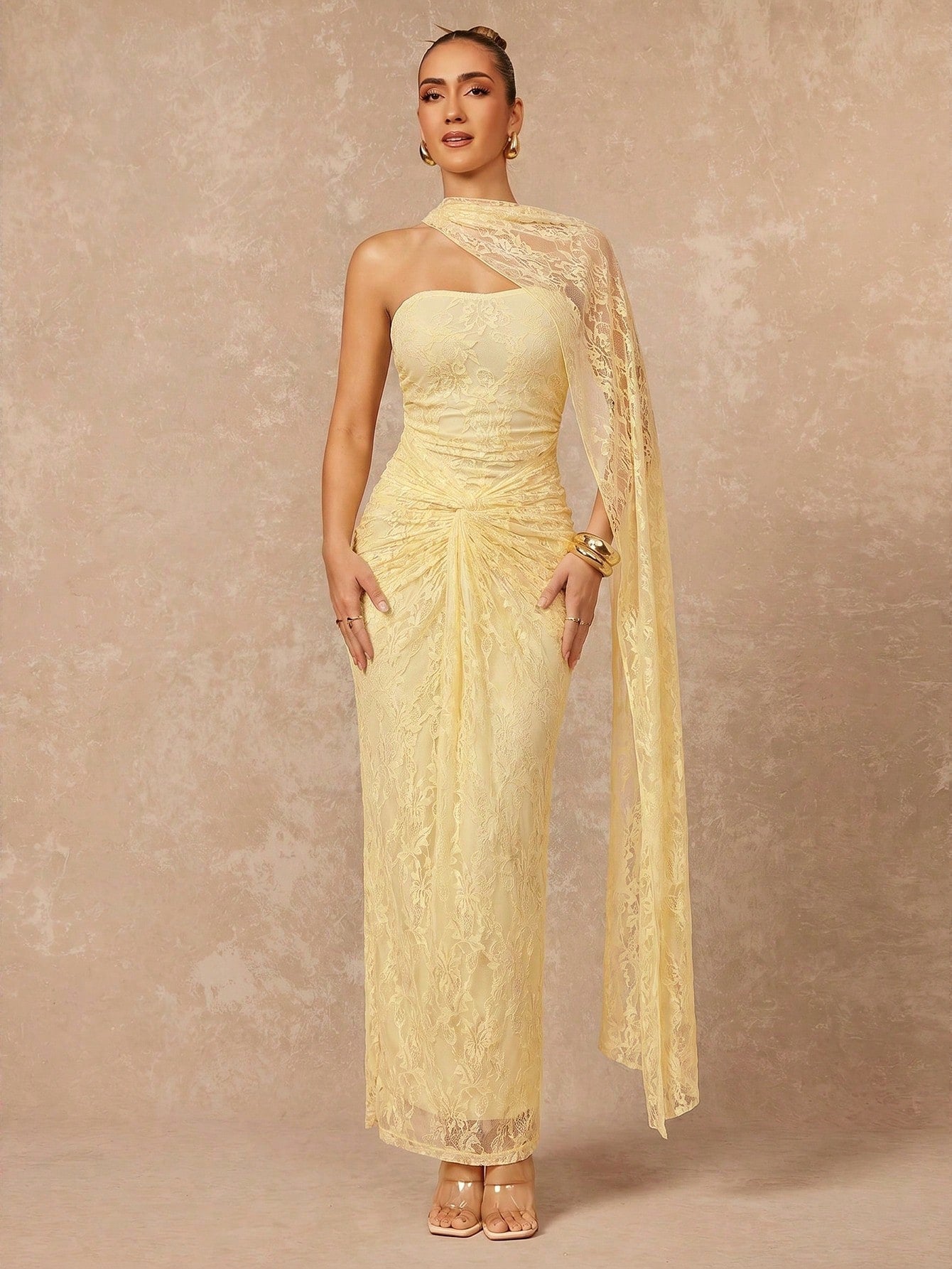 Lumalex Women's Pale Yellow Lace Elegant Summer Dinner Dress,Halterneck Ruched Bust Bodycon Formal Gown For Wedding Guest,Banquet,Party & Birthday