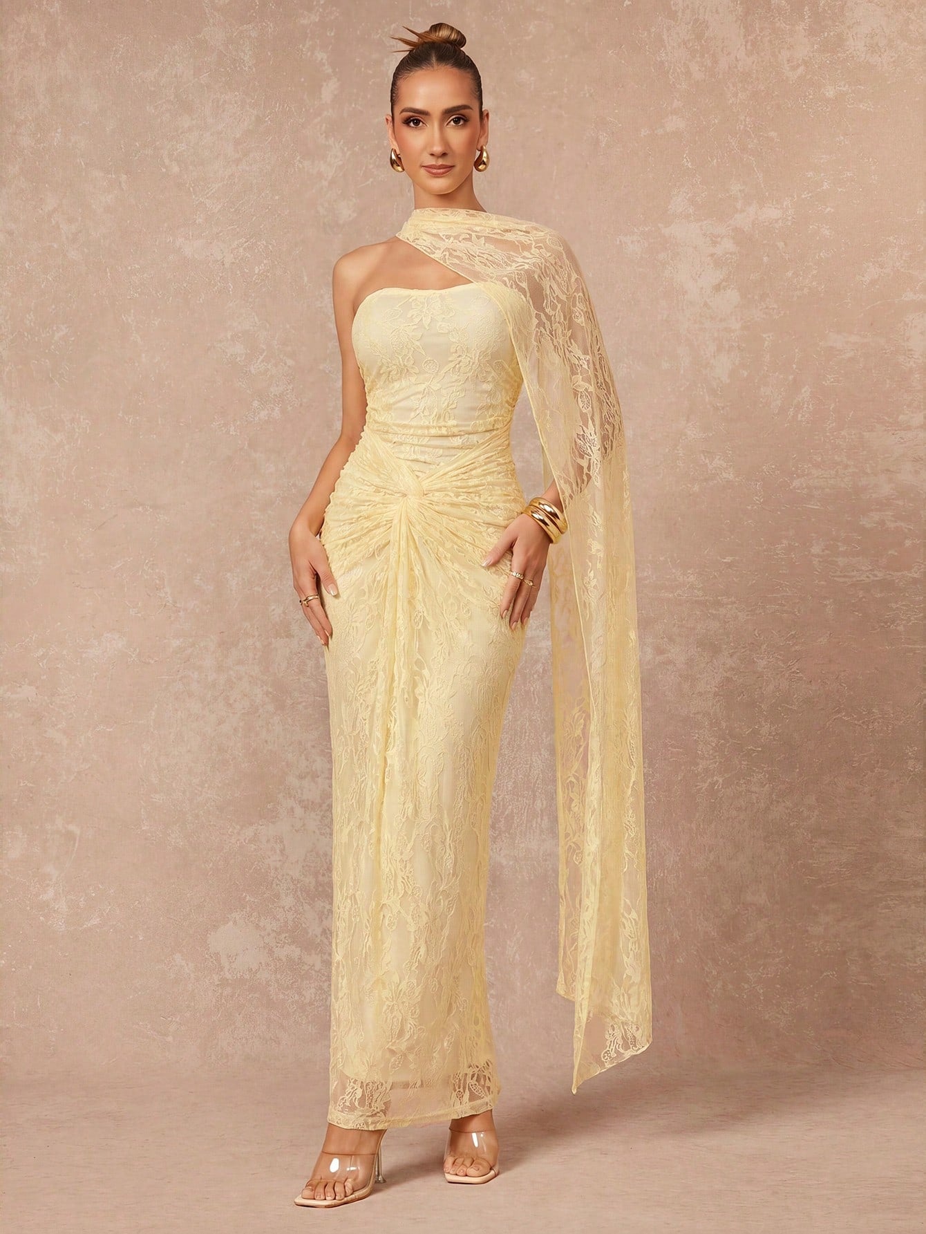 Lumalex Women's Pale Yellow Lace Elegant Summer Dinner Dress,Halterneck Ruched Bust Bodycon Formal Gown For Wedding Guest,Banquet,Party & Birthday
