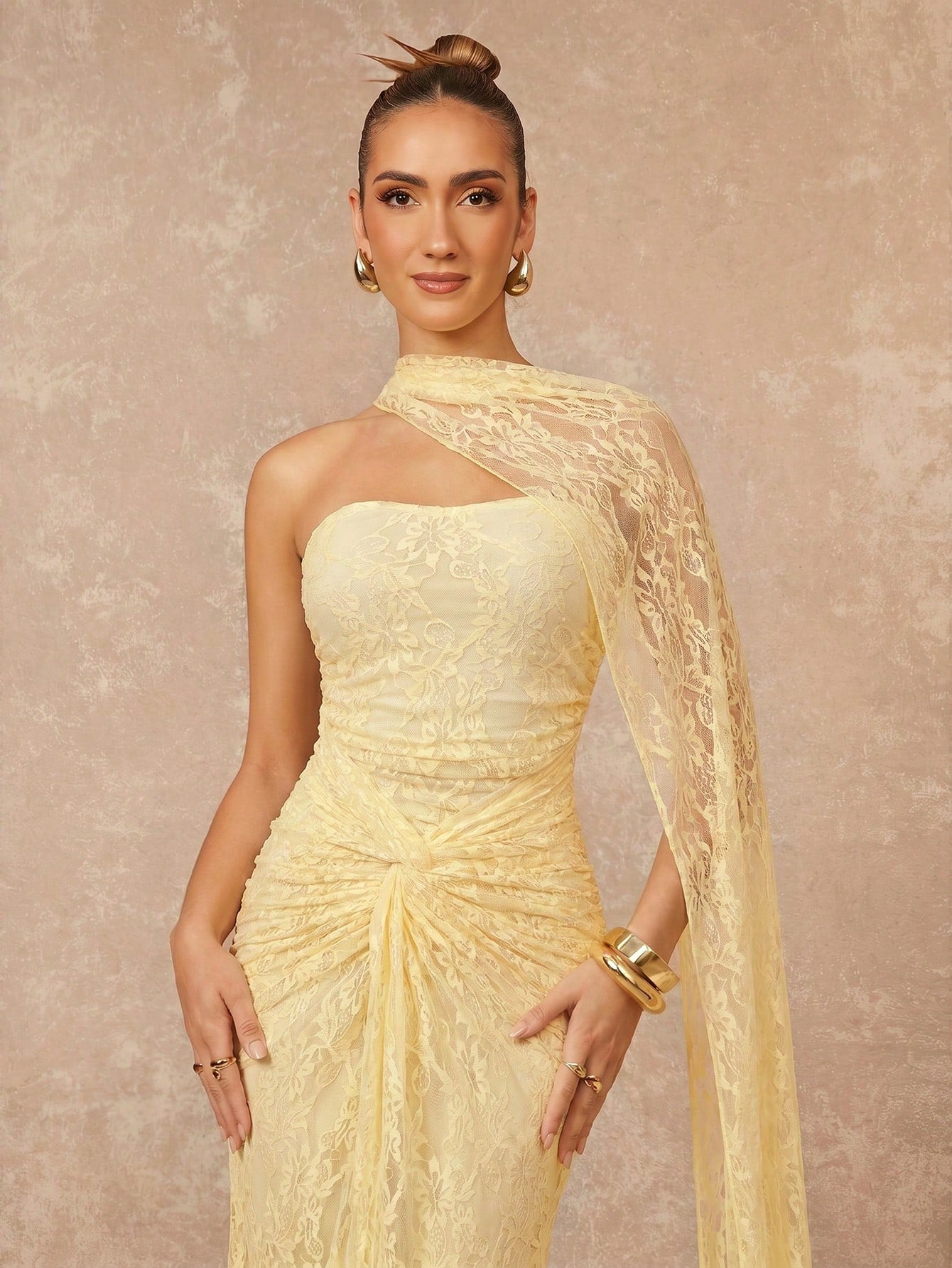 Lumalex Women's Pale Yellow Lace Elegant Summer Dinner Dress,Halterneck Ruched Bust Bodycon Formal Gown For Wedding Guest,Banquet,Party & Birthday