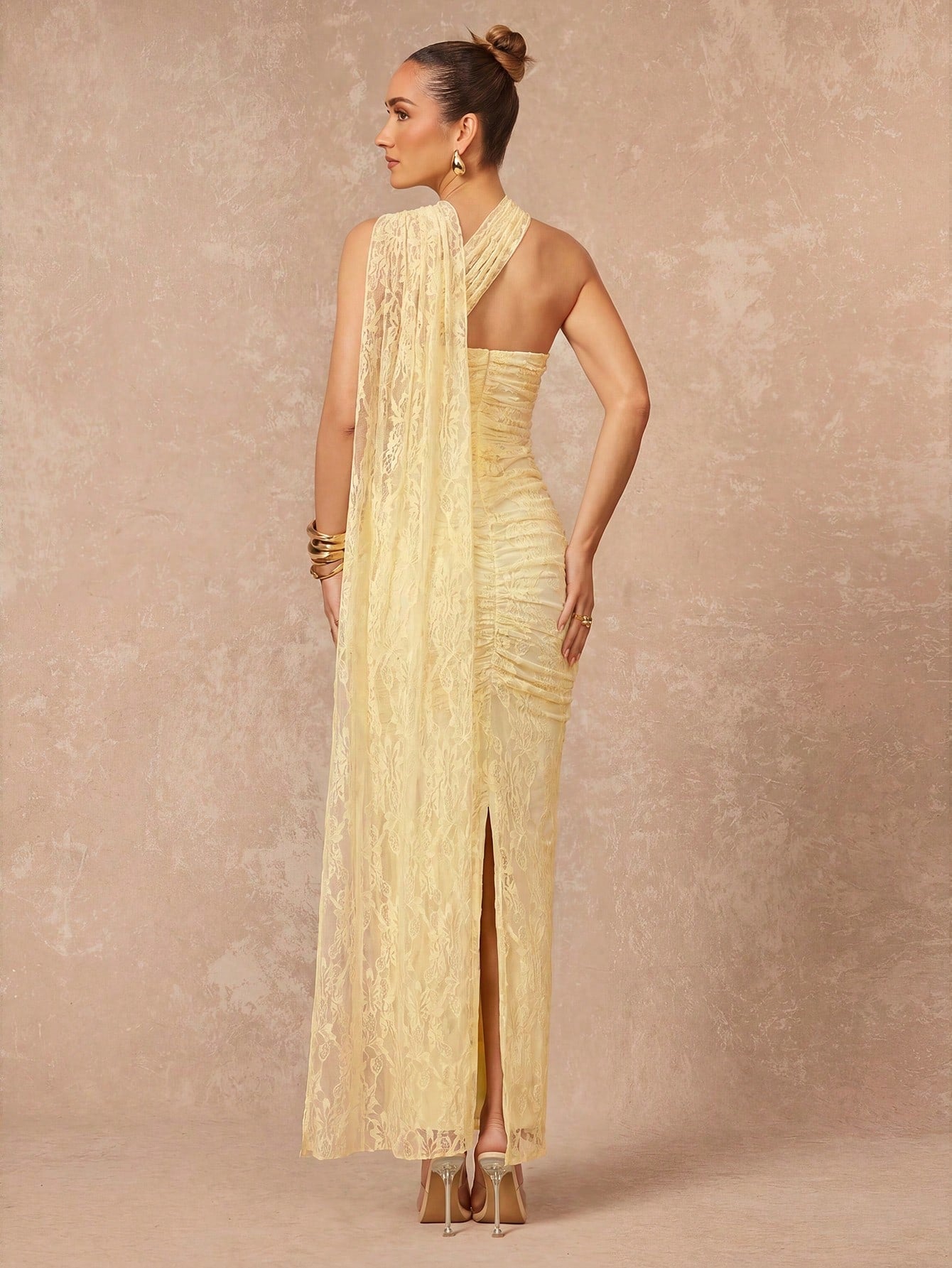 Lumalex Women's Pale Yellow Lace Elegant Summer Dinner Dress,Halterneck Ruched Bust Bodycon Formal Gown For Wedding Guest,Banquet,Party & Birthday