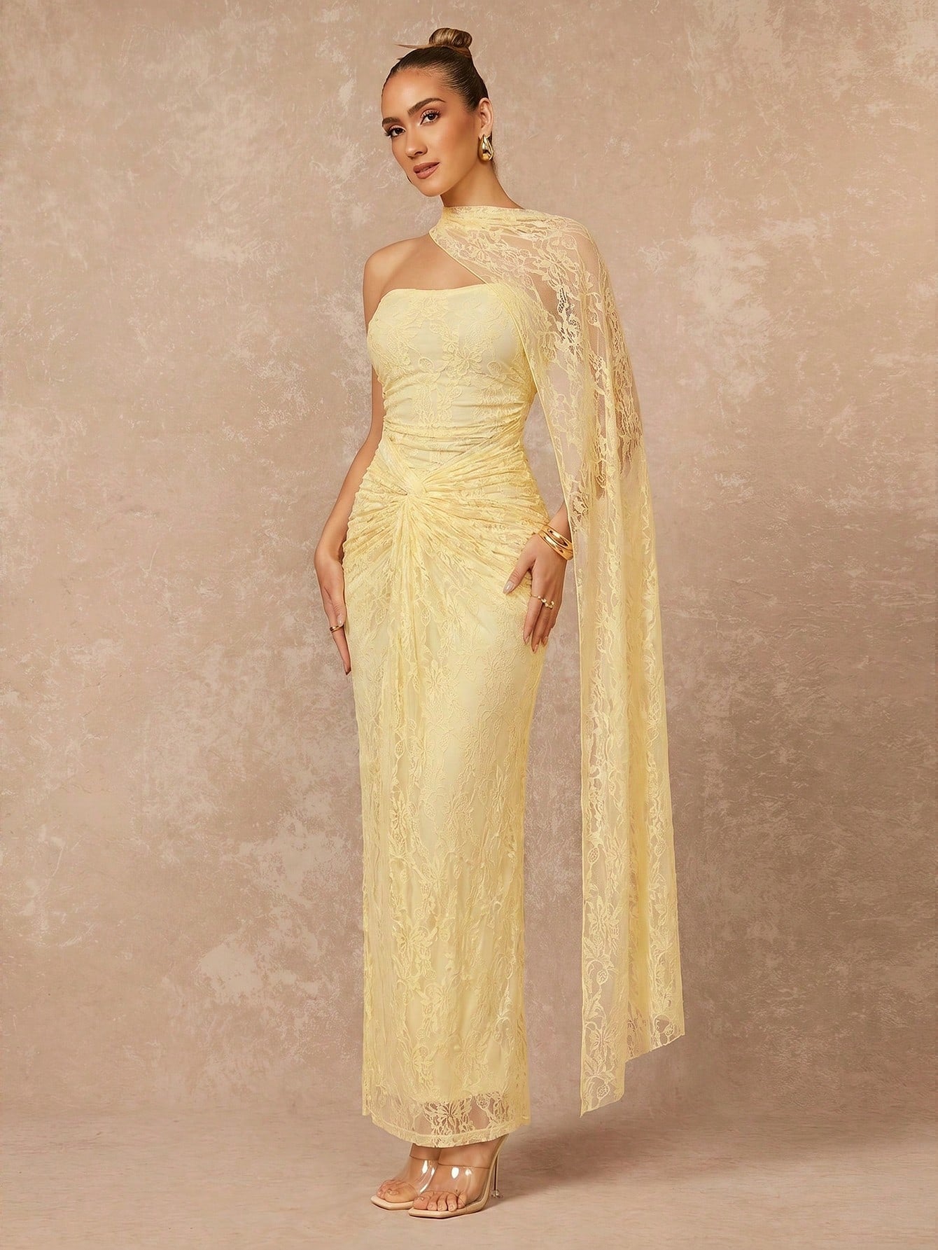 Lumalex Women's Pale Yellow Lace Elegant Summer Dinner Dress,Halterneck Ruched Bust Bodycon Formal Gown For Wedding Guest,Banquet,Party & Birthday