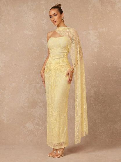 Lumalex Women's Pale Yellow Lace Elegant Summer Dinner Dress,Halterneck Ruched Bust Bodycon Formal Gown For Wedding Guest,Banquet,Party & Birthday