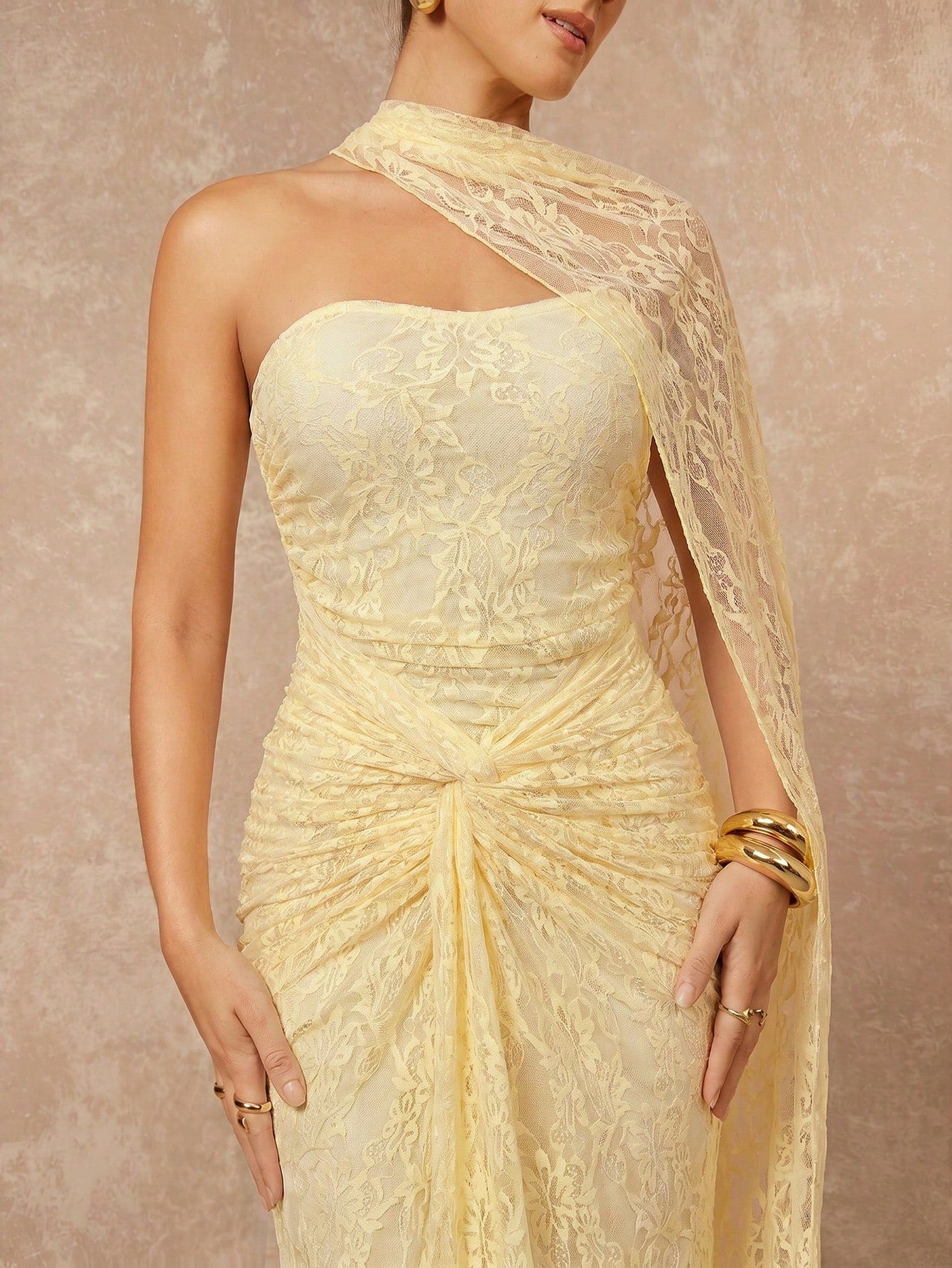Lumalex Women's Pale Yellow Lace Elegant Summer Dinner Dress,Halterneck Ruched Bust Bodycon Formal Gown For Wedding Guest,Banquet,Party & Birthday