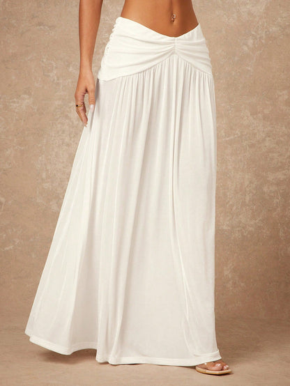 Lumalex Women's Summer White Boho Beach Vacation Holiday Slip Skirt Low Waist V-Neck Pleated Front Slit Underskirt,Elegant Luxury Wedding Guest Party Skirt