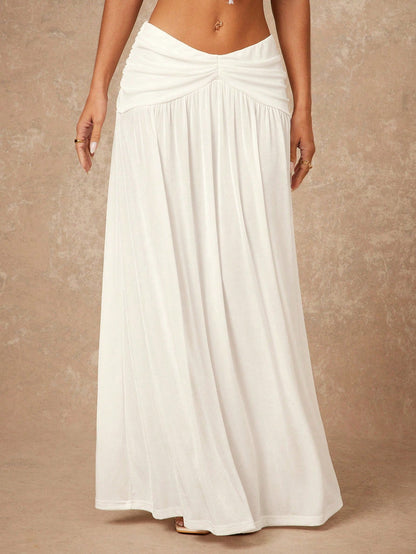 Lumalex Women's Summer White Boho Beach Vacation Holiday Slip Skirt Low Waist V-Neck Pleated Front Slit Underskirt,Elegant Luxury Wedding Guest Party Skirt