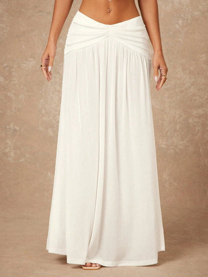 Lumalex Women's Summer White Boho Beach Vacation Holiday Slip Skirt Low Waist V-Neck Pleated Front Slit Underskirt,Elegant Luxury Wedding Guest Party Skirt