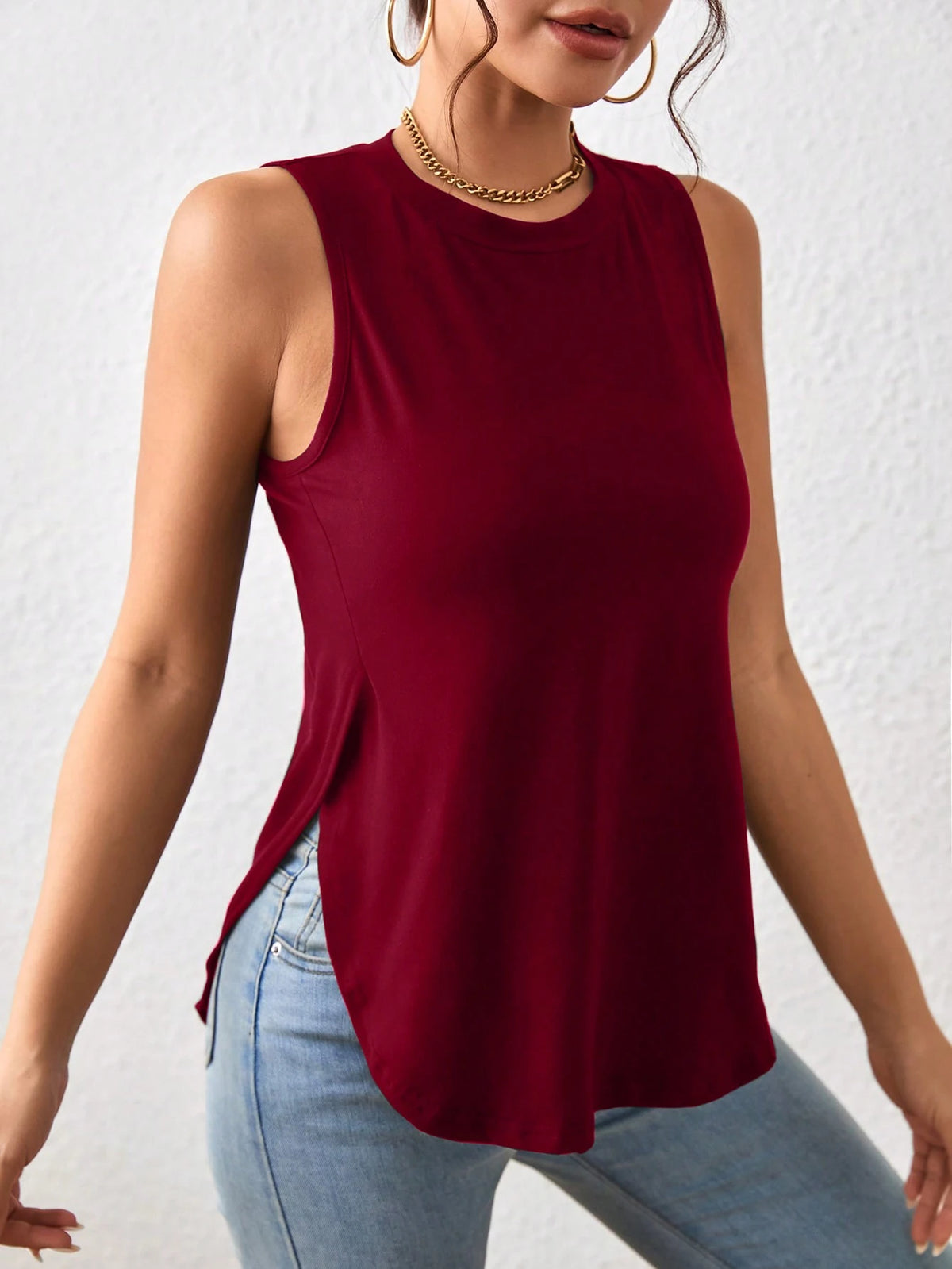 LUNE Burgundy Summer Casual Asymmetric Hem Top For Women, Commuting Work Tops, Occasion Bottoming Shirt, Sleeveless Slim Fit Work Outfits For Women