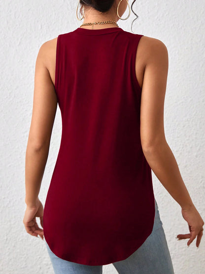 LUNE Burgundy Summer Casual Asymmetric Hem Top For Women, Commuting Work Tops, Occasion Bottoming Shirt, Sleeveless Slim Fit Work Outfits For Women