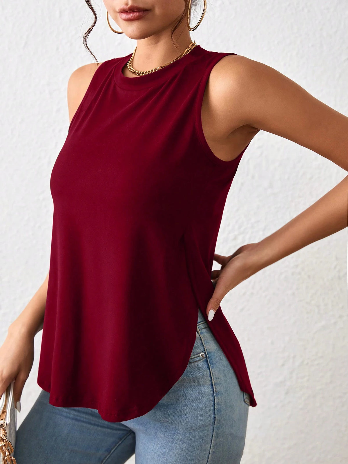 LUNE Burgundy Summer Casual Asymmetric Hem Top For Women, Commuting Work Tops, Occasion Bottoming Shirt, Sleeveless Slim Fit Work Outfits For Women