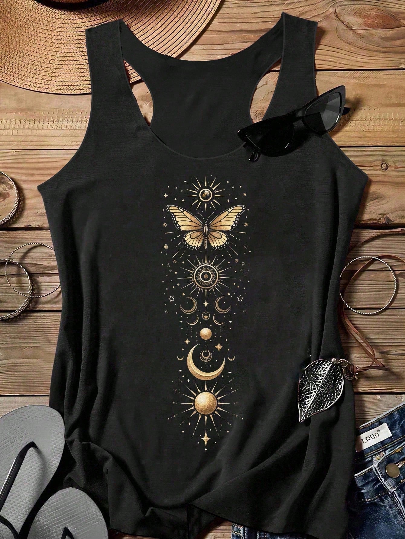 LUNE Casual Star Moon Sun Pattern Round Neck Women Tank Top, Summer Back To School,Casual
