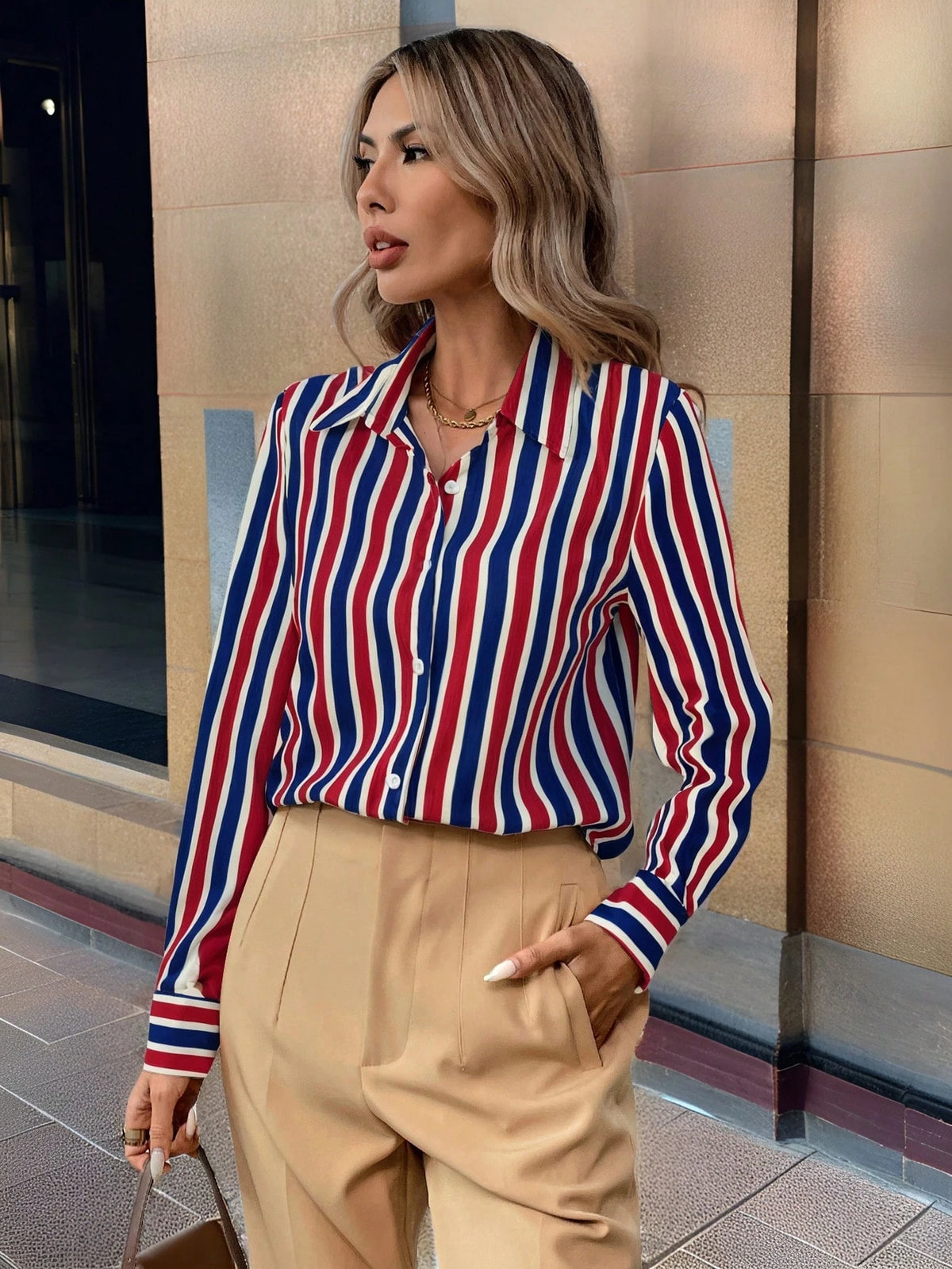 LUNE Casual Striped Long Sleeve Shirt, Suitable For Commuting In Spring & Autumn Fall Cloth For Women