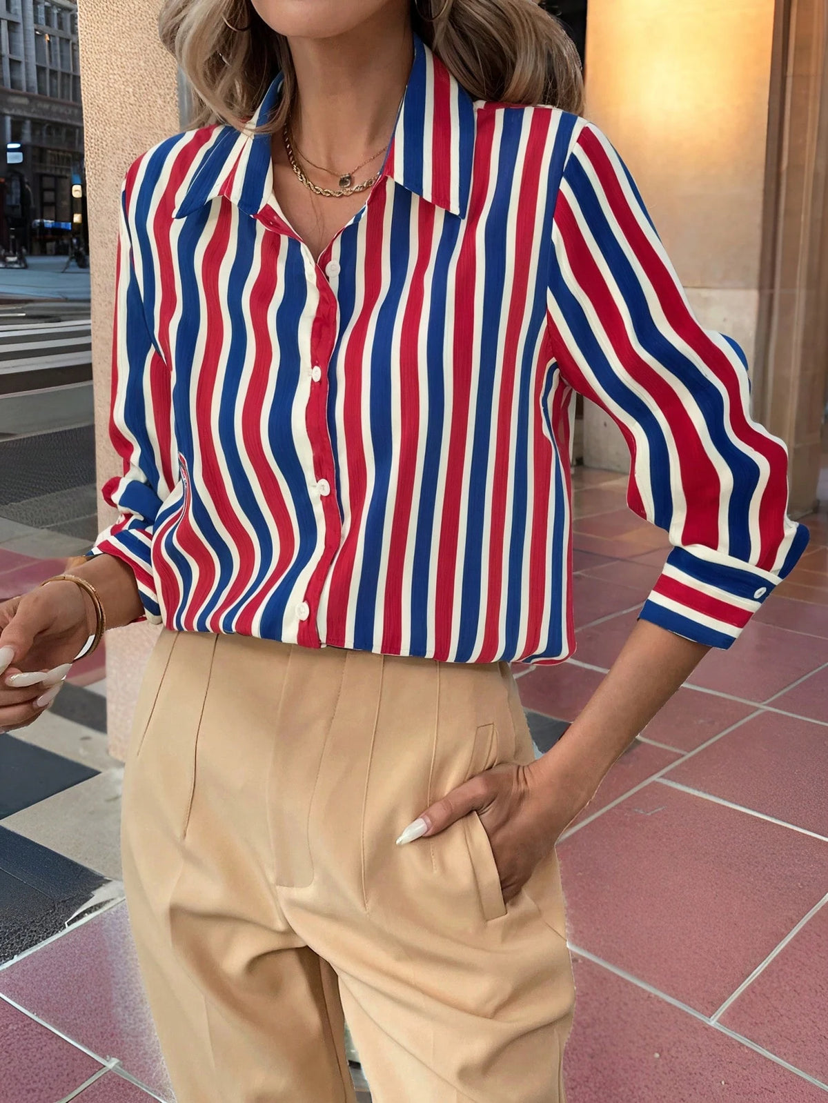 LUNE Casual Striped Long Sleeve Shirt, Suitable For Commuting In Spring & Autumn Fall Cloth For Women