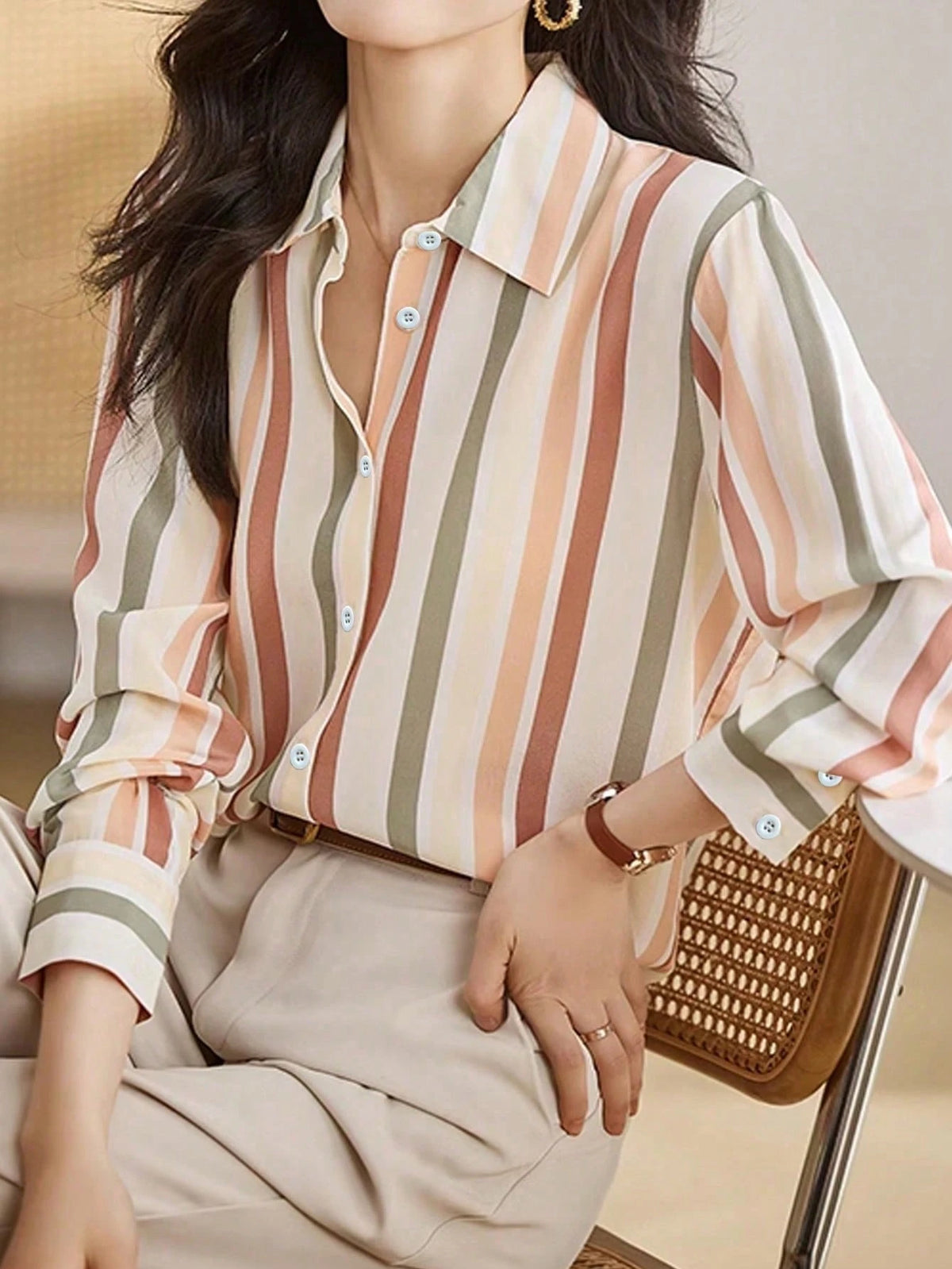 LUNE Casual Striped Long Sleeve Shirt, Suitable For Commuting In Spring & Autumn Fall Cloth For Women
