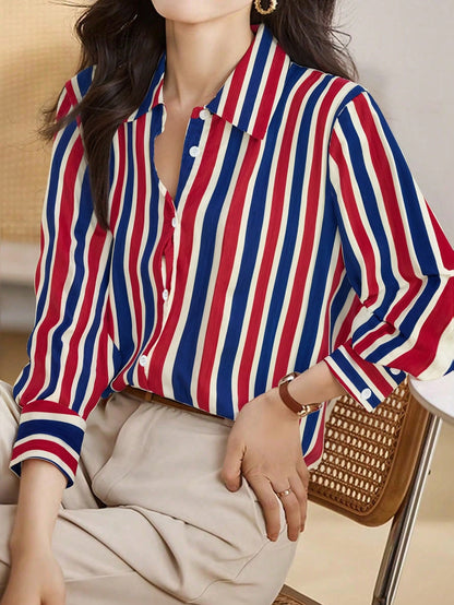 LUNE Casual Striped Long Sleeve Shirt, Suitable For Commuting In Spring & Autumn Fall Cloth For Women