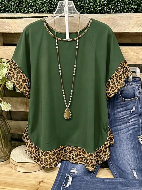 LUNE CURVE Plus Size Leopard Print Ruffle Blouse Shirt For Summer Festival And Casual Wear