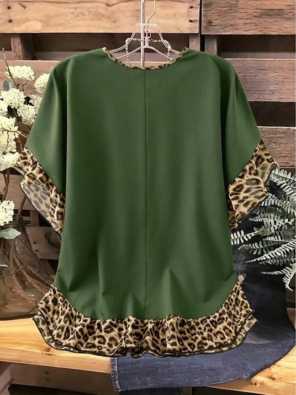 LUNE CURVE Plus Size Leopard Print Ruffle Blouse Shirt For Summer Festival And Casual Wear