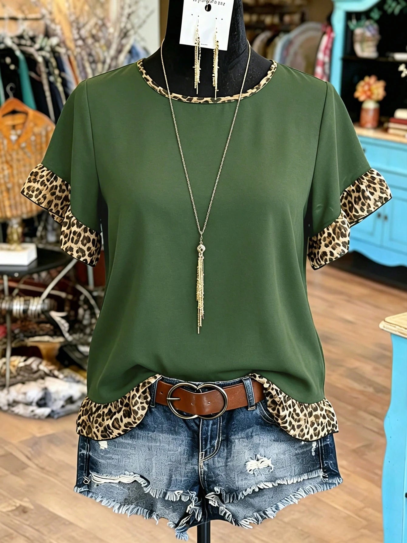 LUNE CURVE Plus Size Leopard Print Ruffle Blouse Shirt For Summer Festival And Casual Wear