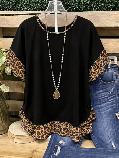 LUNE CURVE Plus Size Leopard Print Ruffle Blouse Shirt For Summer Festival And Casual Wear