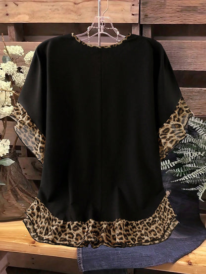 LUNE CURVE Plus Size Leopard Print Ruffle Blouse Shirt For Summer Festival And Casual Wear