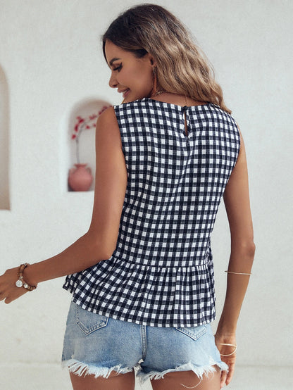 LUNE Gingham Keyhole Back Ruffle Hem Sleeveless Blouse Peplum Top
