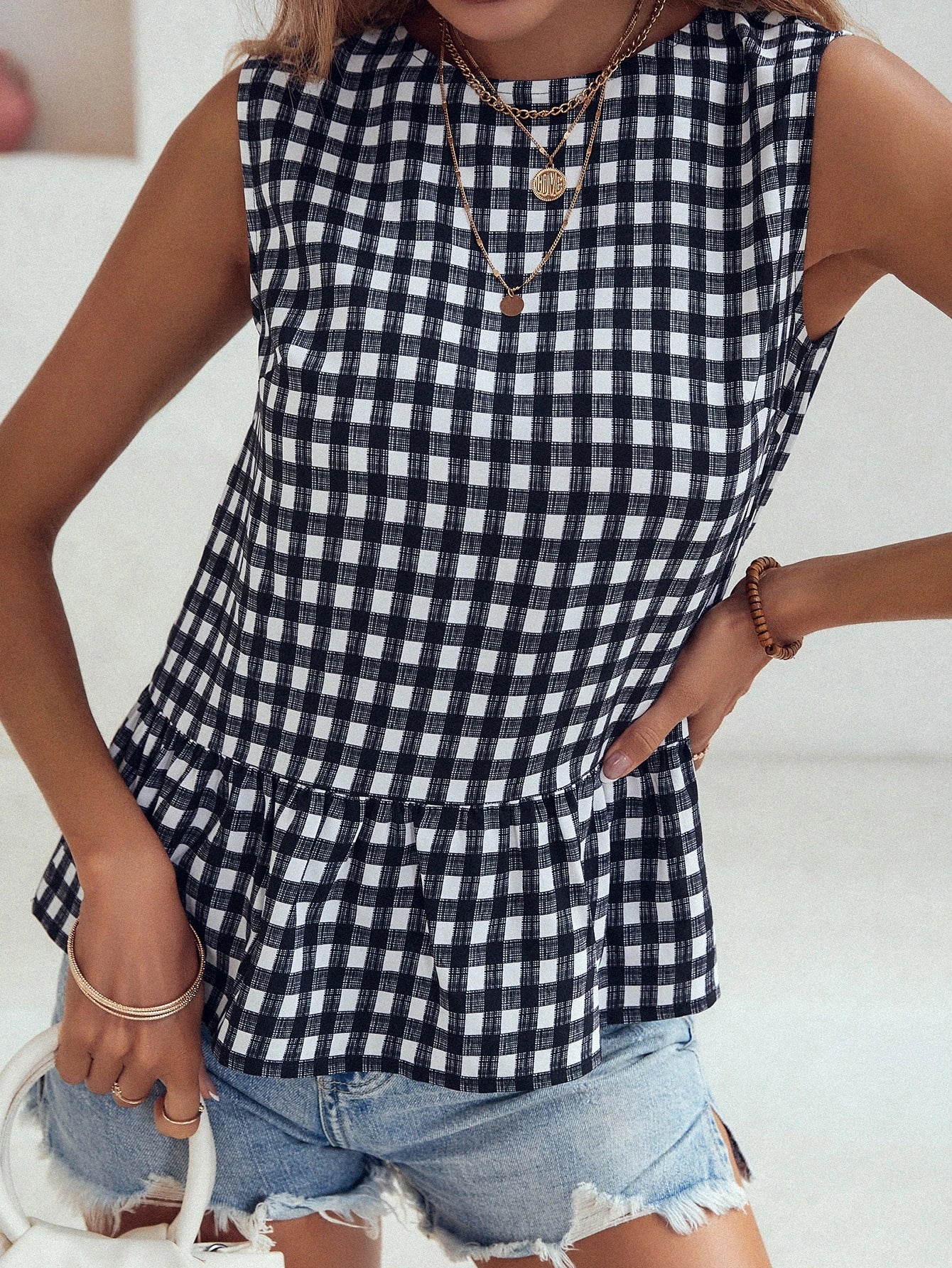 LUNE Gingham Keyhole Back Ruffle Hem Sleeveless Blouse Peplum Top