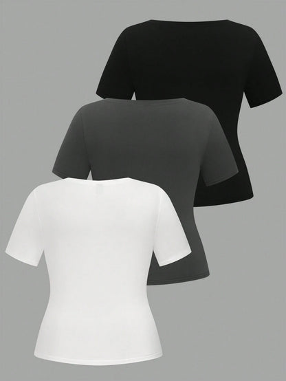 LUNE Plus Size 3pcs/Set Crew Neck Basic Short Sleeve T-Shirts