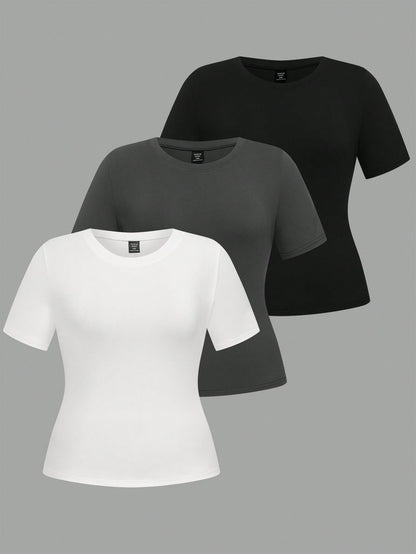 LUNE Plus Size 3pcs/Set Crew Neck Basic Short Sleeve T-Shirts
