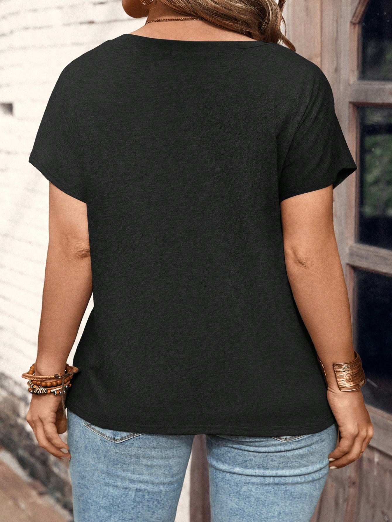 LUNE Plus Size Casual Short Sleeve Loose Round Neck Button T-Shirt, Summer