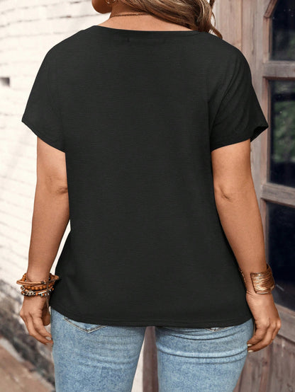 LUNE Plus Size Casual Short Sleeve Loose Round Neck Button T-Shirt, Summer