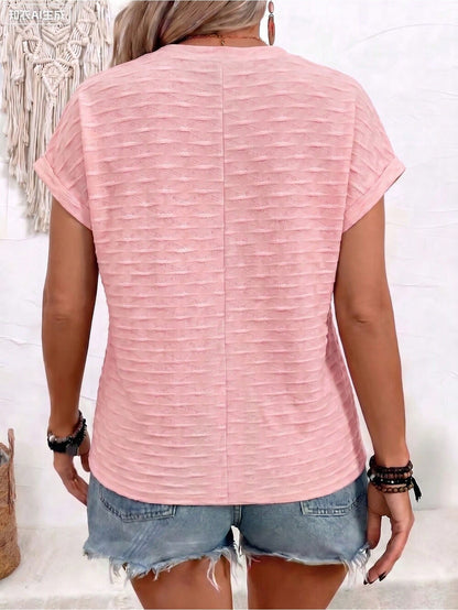 LUNE Plus Size Women's Fashion Casual Versatile Jacquard Fish Scale Knit V-Neck Short Sleeve T-Shirt