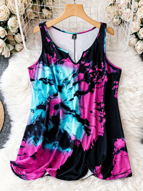 LUNE Plus Tie Dye Notched Neck Tank Top, Women Summer Top