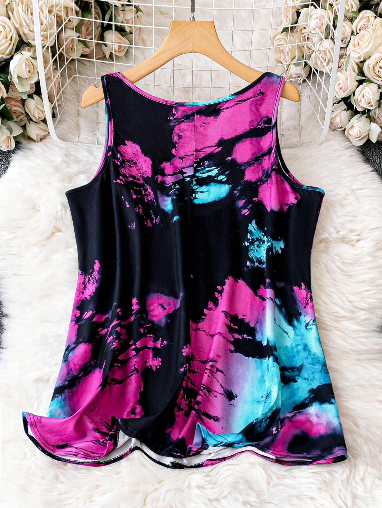 LUNE Plus Tie Dye Notched Neck Tank Top, Women Summer Top