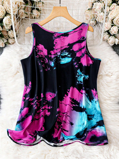 LUNE Plus Tie Dye Notched Neck Tank Top, Women Summer Top