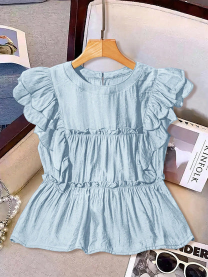 LUNE Ruffle Butterfly Sleeve Shirts For Women, Loose Fit Chiffon Sleeveless Blouse, French Romantic Style, Summer Cute Tops Crop Top Light Blue
