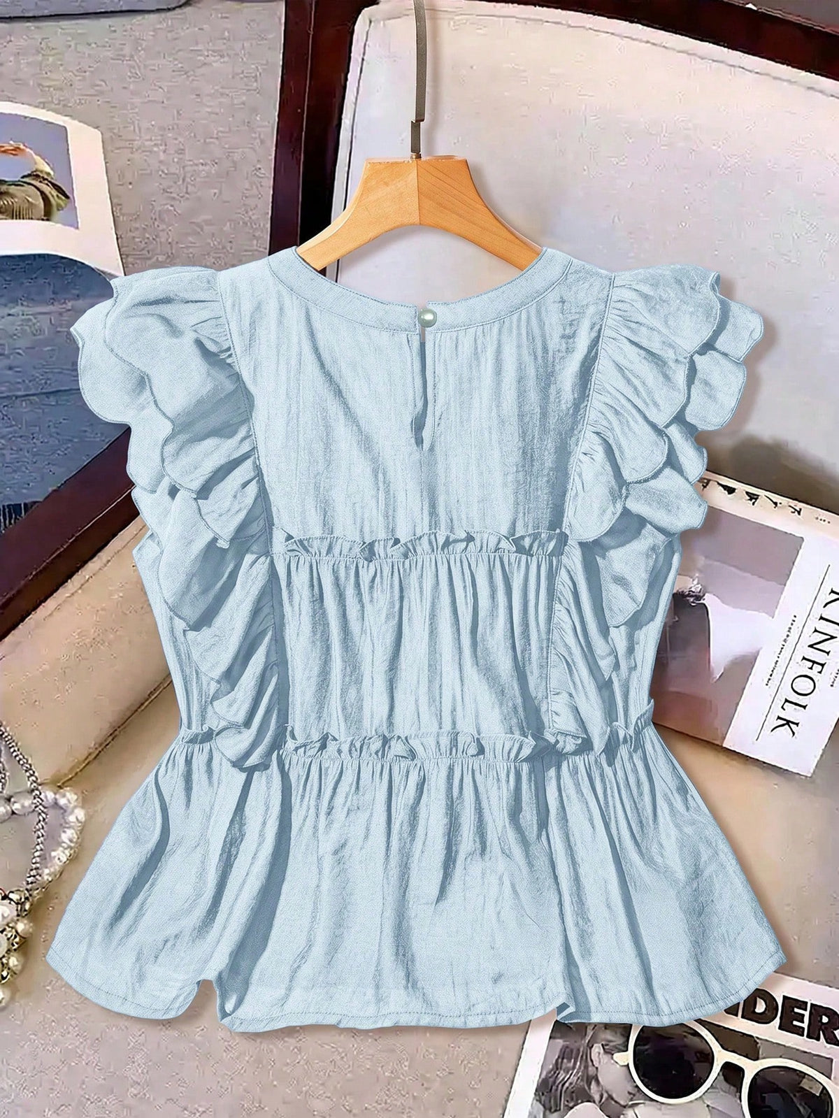 LUNE Ruffle Butterfly Sleeve Shirts For Women, Loose Fit Chiffon Sleeveless Blouse, French Romantic Style, Summer Cute Tops Crop Top Light Blue
