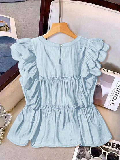 LUNE Ruffle Butterfly Sleeve Shirts For Women, Loose Fit Chiffon Sleeveless Blouse, French Romantic Style, Summer Cute Tops Crop Top Light Blue