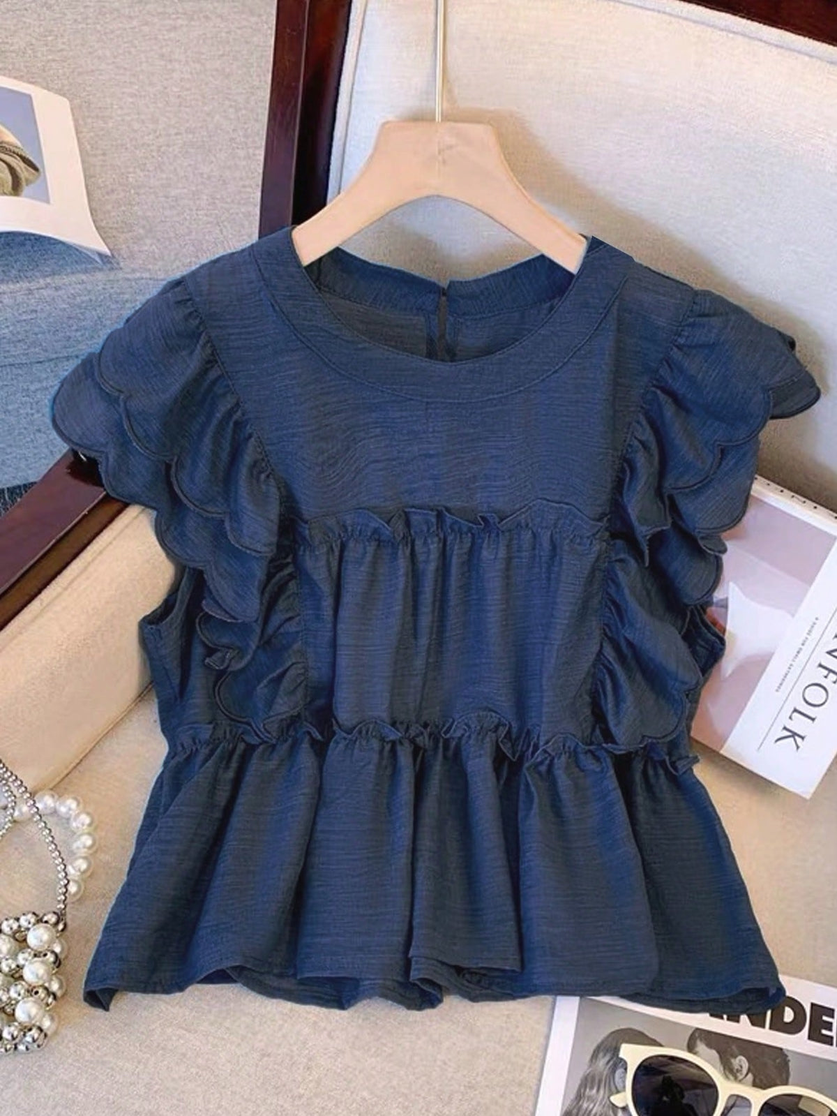 LUNE Ruffle Butterfly Sleeve Shirts For Women, Loose Fit Chiffon Sleeveless Blouse, French Romantic Style, Summer Cute Tops Crop Top Light Blue