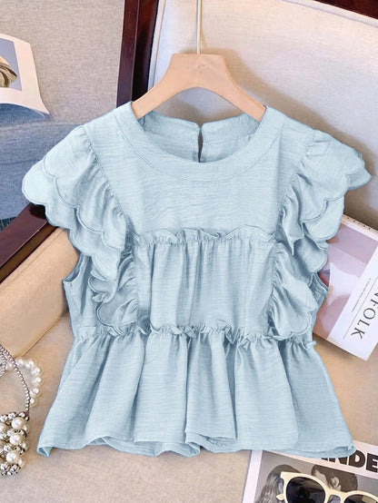 LUNE Ruffle Butterfly Sleeve Shirts For Women, Loose Fit Chiffon Sleeveless Blouse, French Romantic Style, Summer Cute Tops Crop Top Light Blue
