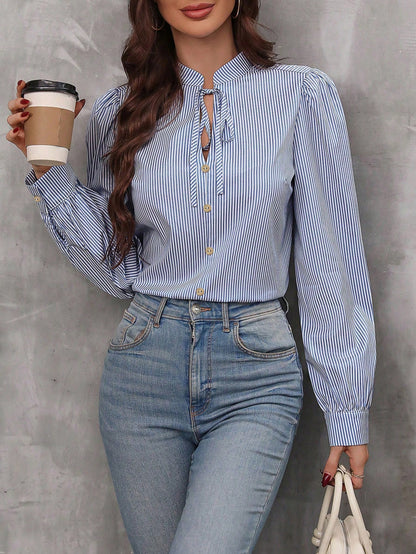 LUNE Striped Print Tie Neck Lantern Sleeve Blouse,Long Sleeve Tops Fall Cloth For Women