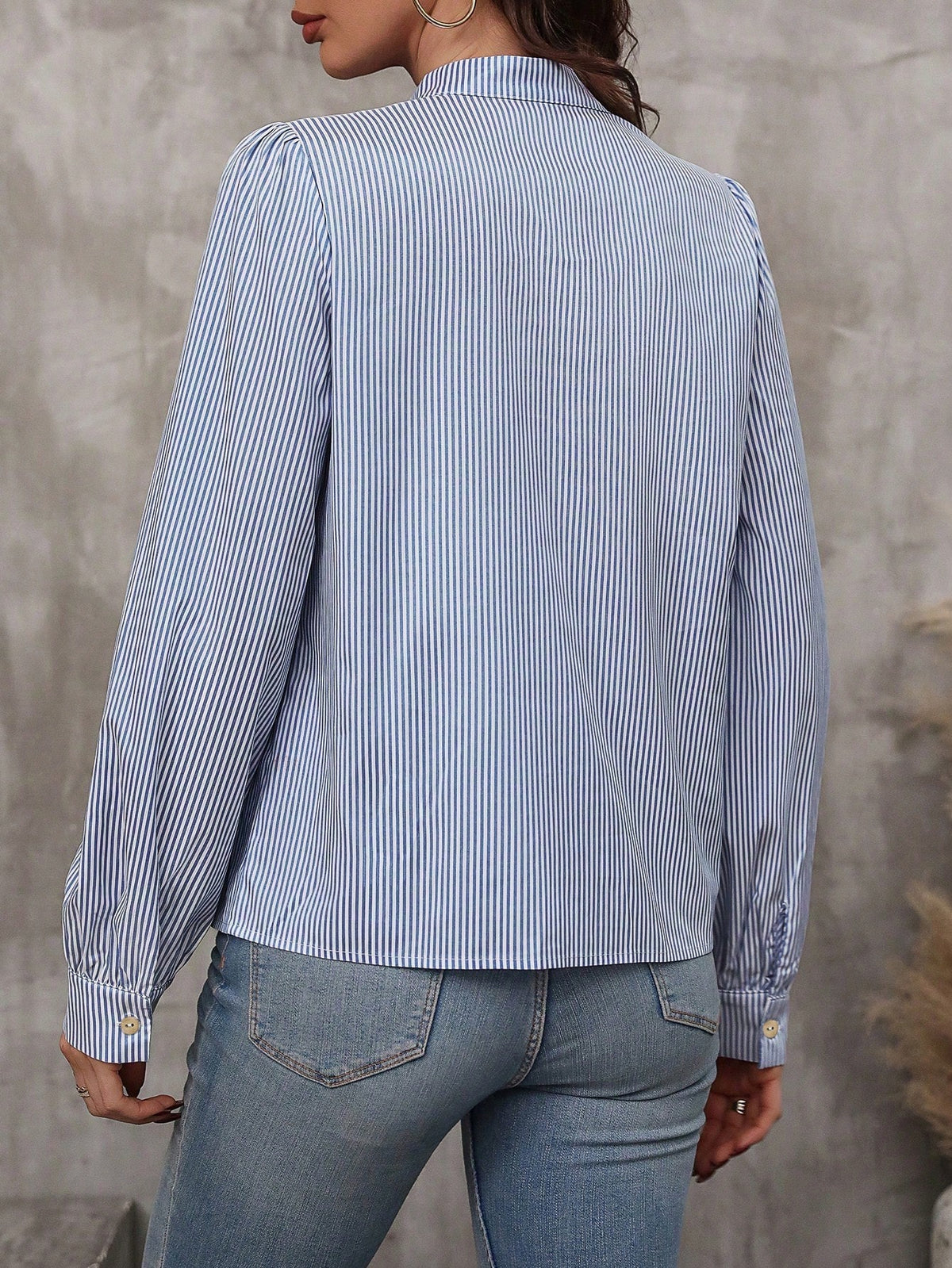 LUNE Striped Print Tie Neck Lantern Sleeve Blouse,Long Sleeve Tops Fall Cloth For Women