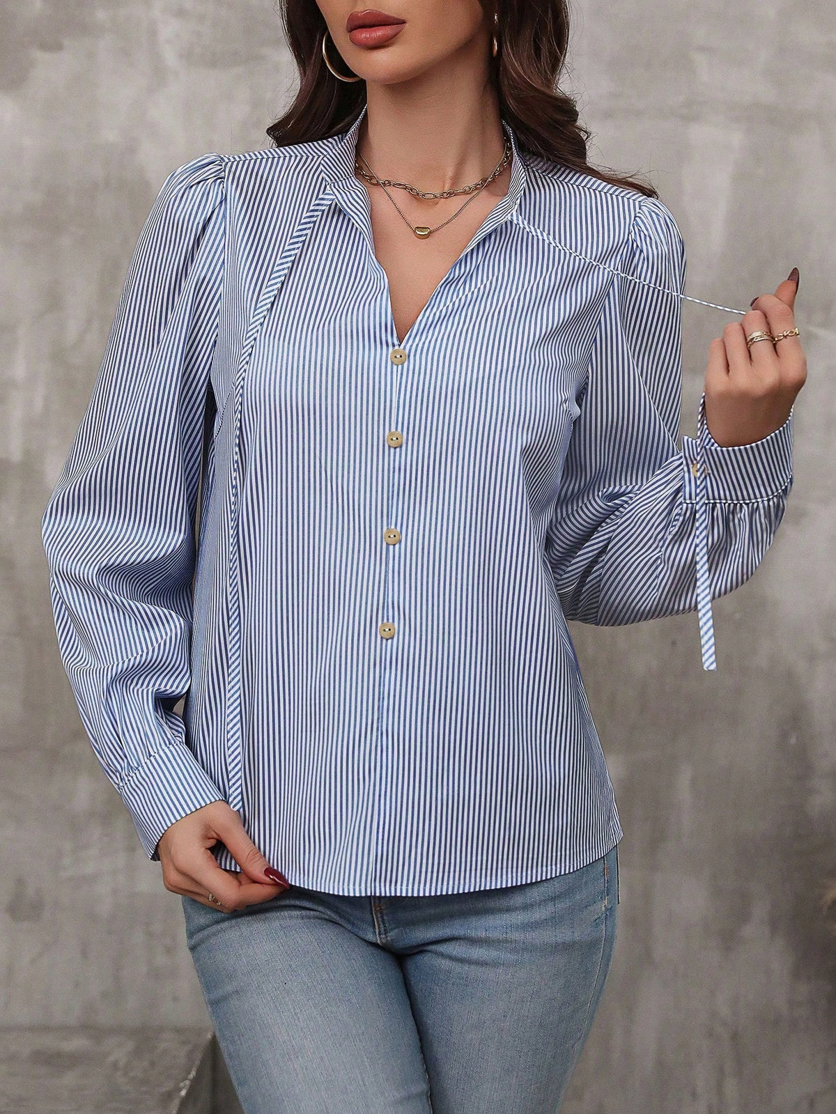 LUNE Striped Print Tie Neck Lantern Sleeve Blouse,Long Sleeve Tops Fall Cloth For Women