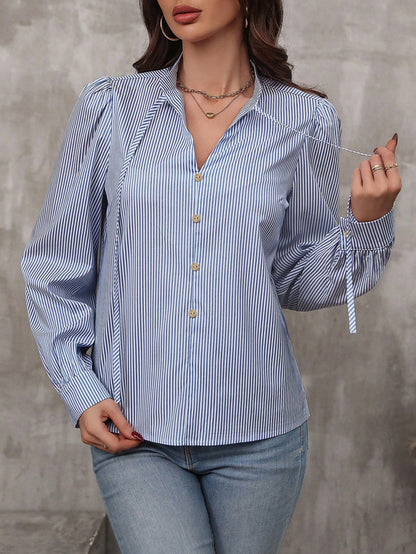 LUNE Striped Print Tie Neck Lantern Sleeve Blouse,Long Sleeve Tops Fall Cloth For Women