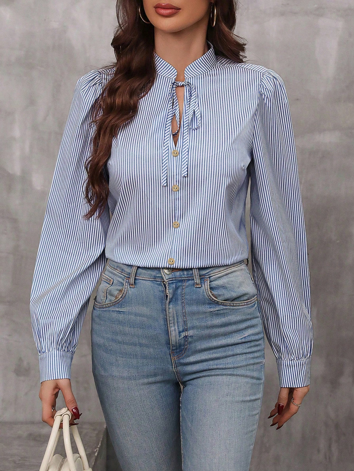 LUNE Striped Print Tie Neck Lantern Sleeve Blouse,Long Sleeve Tops Fall Cloth For Women
