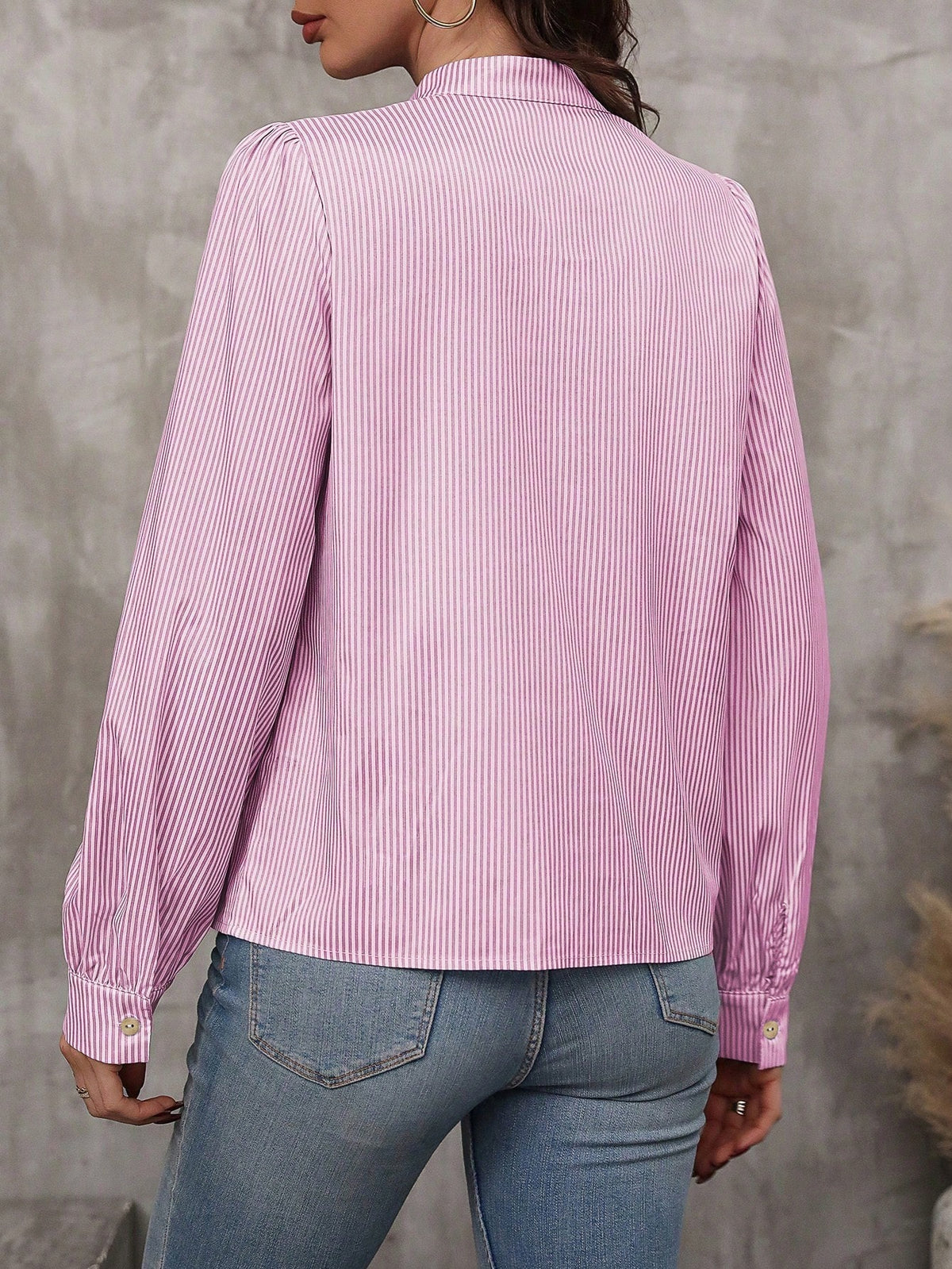 LUNE Striped Print Tie Neck Lantern Sleeve Blouse,Long Sleeve Tops Fall Cloth For Women