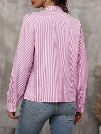 LUNE Striped Print Tie Neck Lantern Sleeve Blouse,Long Sleeve Tops Fall Cloth For Women