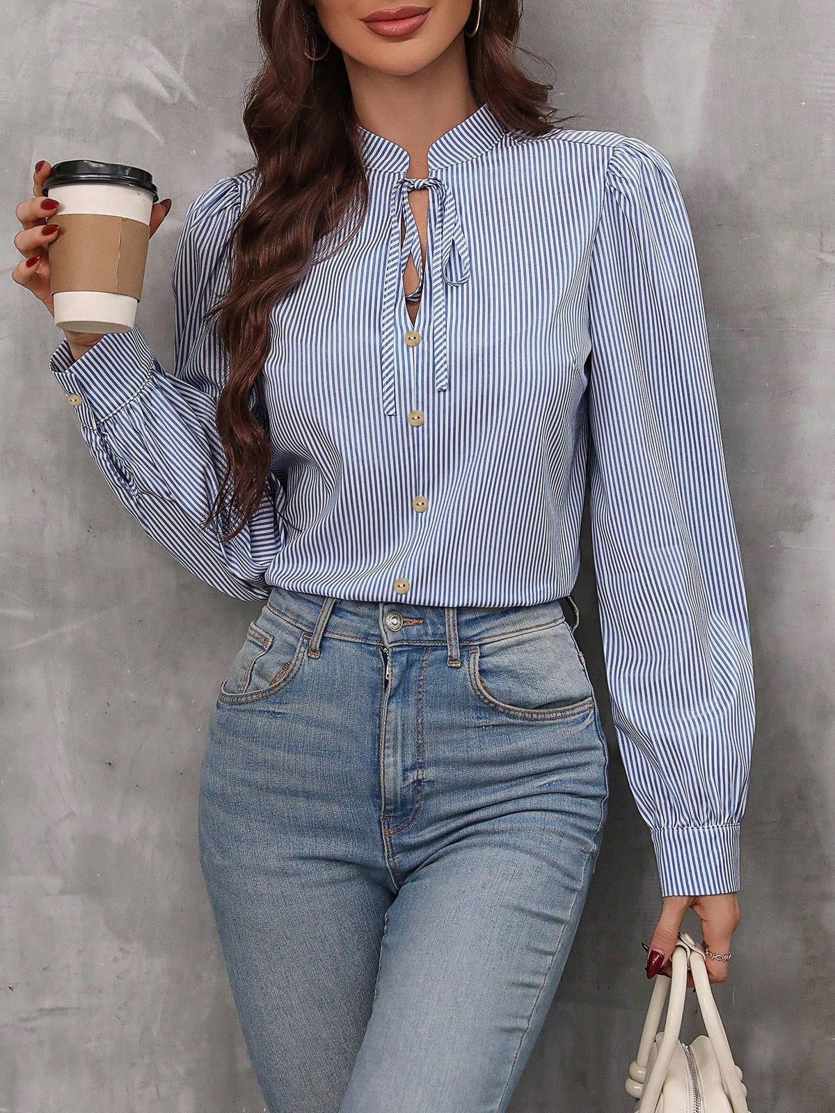 LUNE Striped Print Tie Neck Lantern Sleeve Blouse,Long Sleeve Tops Fall Cloth For Women