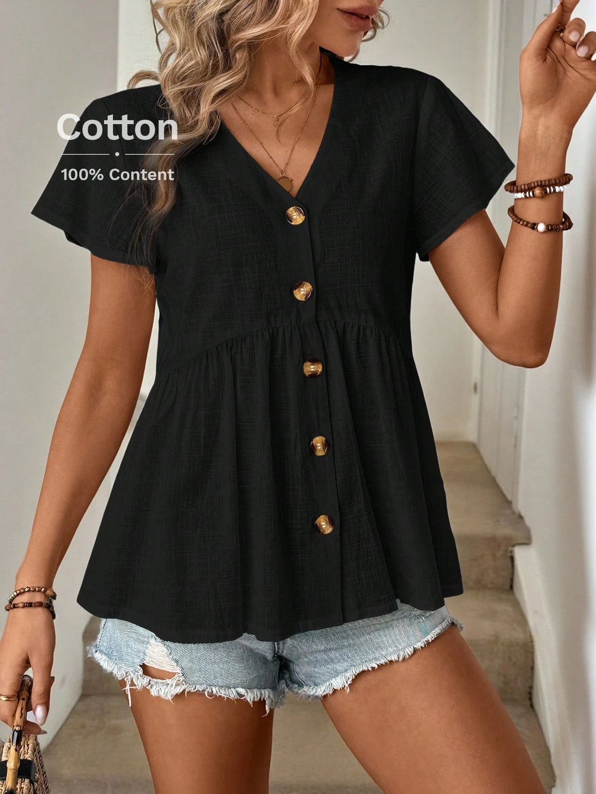 LUNE Summer Women's V-Neck Ruffle Hem Ruched Bell Sleeve Babydoll A-Line Shirt, Casual & Holiday Style, Pure Cotton Button-Up Shirt