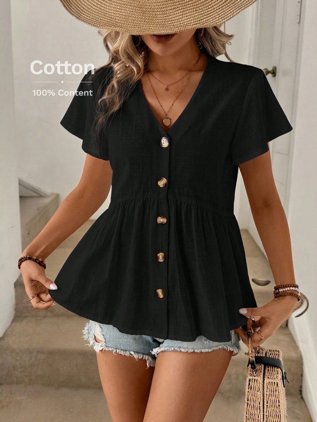 LUNE Summer Women's V-Neck Ruffle Hem Ruched Bell Sleeve Babydoll A-Line Shirt, Casual & Holiday Style, Pure Cotton Button-Up Shirt